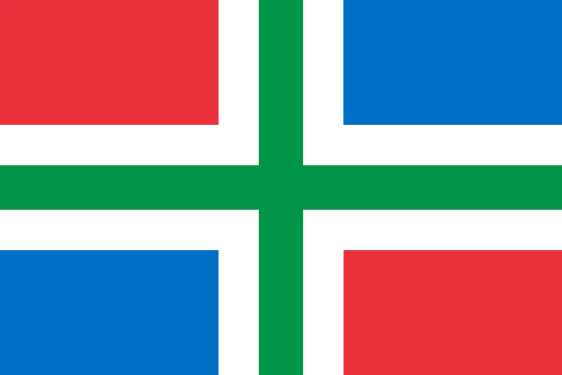 Groningse vlag met herkenbaar groen-wit kruis en rood-blauwe hoeken