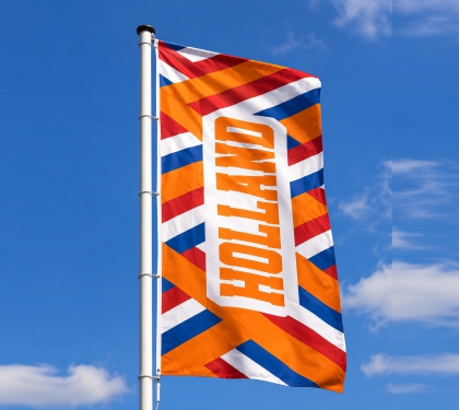 Oranje Holland banier voor het WK voetbal met rood-wit-blauwe banen, wit schild en Nederlandse leeuw