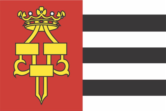 Drachtster vlag met rood vlak, geel historisch symbool en zeven afwisselende witte en zwarte banen